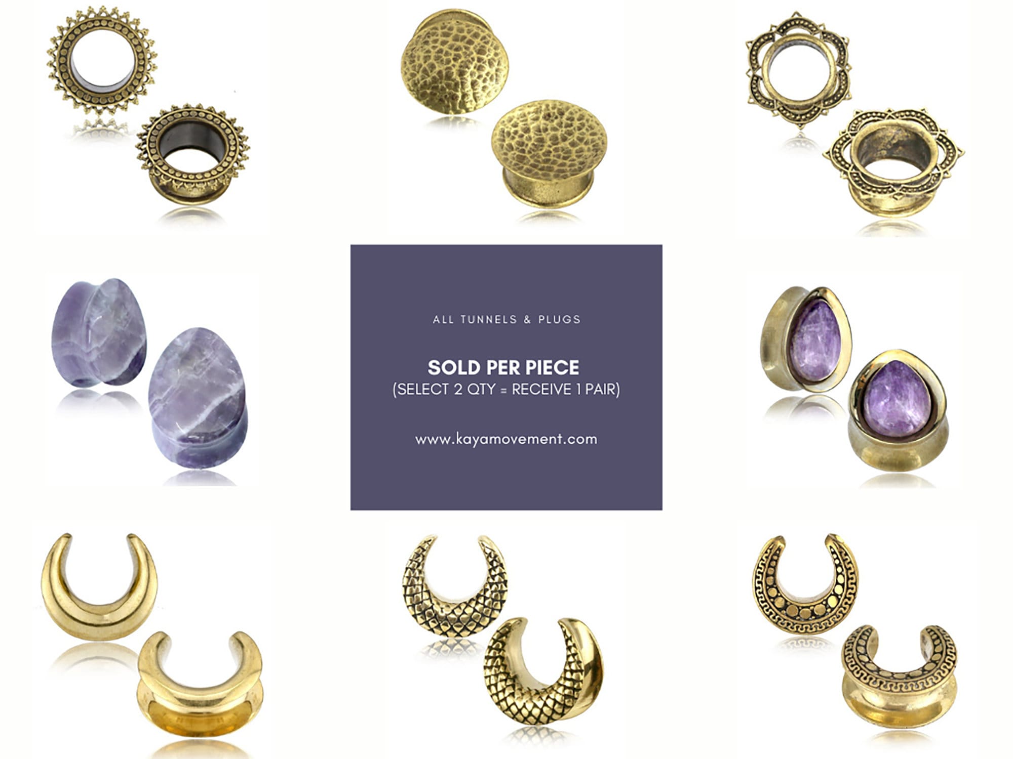 A collage displaying an assortment of Indian Gold Brass Ear Gauge Tunnels Jewelry, including Ethnic Ear Plugs and Mandala Brass Tunnels in gold color, ideal for body modification enthusiasts. The centerpiece showcases a purple box with the message, "ALL TUNNELS & PLUGS SOLD PER PIECE (SELECT 2 QTY - RECEIVE 1 PAIR)" and features the website kayamovement.com. All items are handmade by Kaya Movement.